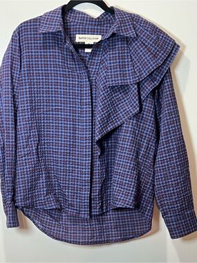 Caron Callahan Nadine Blouse Cerulean Puckered Mini Plaid Ruffle Shirt